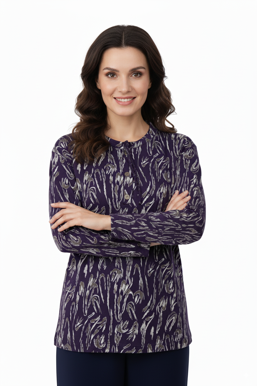 Kadın Bluz Viskon Penye Kumaş Bağcık Yakalı Simli Model Uzun Kollu Likralı Rahat Tam Kalıp