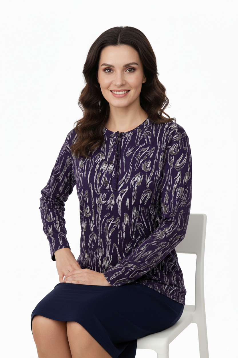 Kadın Bluz Viskon Penye Kumaş Bağcık Yakalı Simli Model Uzun Kollu Likralı Rahat Tam Kalıp