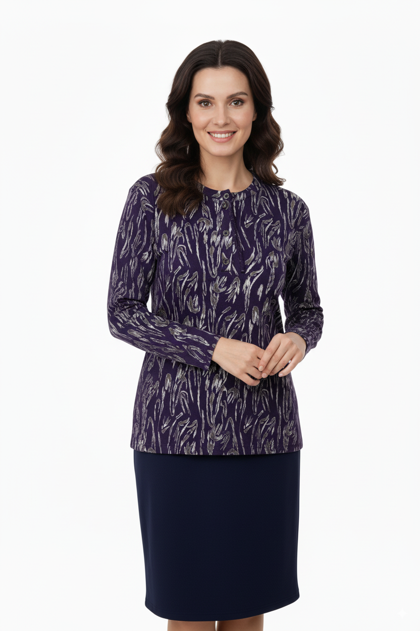 Kadın Bluz Viskon Penye Kumaş Bağcık Yakalı Simli Model Uzun Kollu Likralı Rahat Tam Kalıp