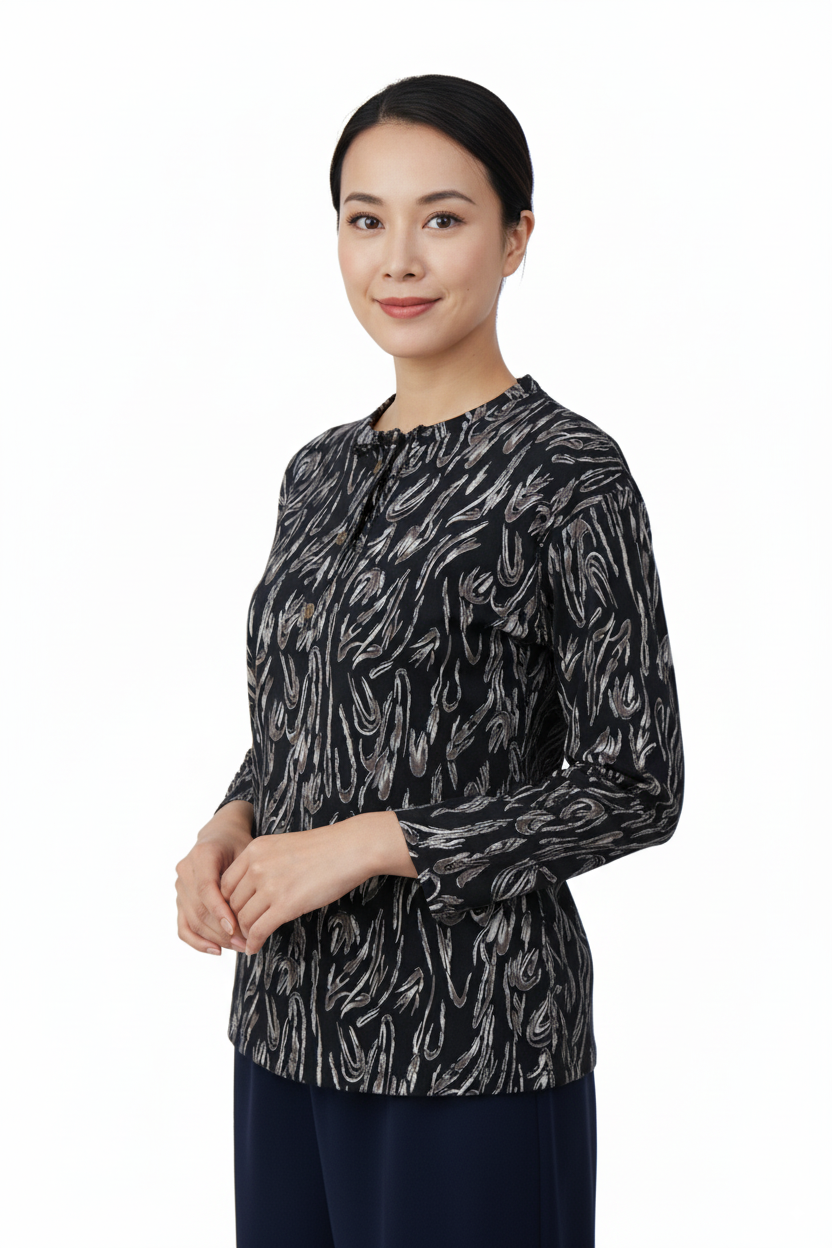 Kadın Bluz Viskon Penye Kumaş Bağcık Yakalı Simli Model Uzun Kollu Likralı Rahat Tam Kalıp