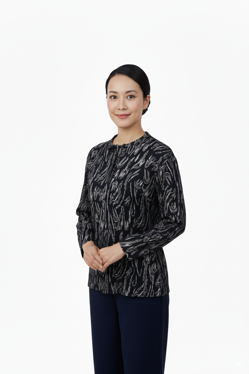 Kadın Bluz Viskon Penye Kumaş Bağcık Yakalı Simli Model Uzun Kollu Likralı Rahat Tam Kalıp