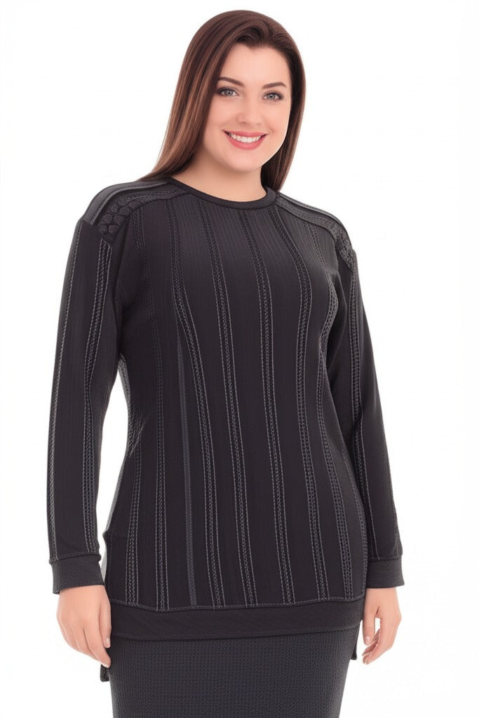 Kadın Kışlık Kazak Pamuklu Burgulu Kumaş Bisiklet Yaka Likralı Kendinden Desenli Rahat