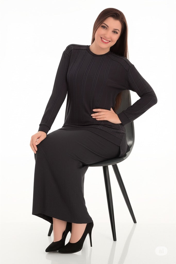 Kadın Kışlık Kazak Pamuklu Burgulu Kumaş Bisiklet Yaka Likralı Kendinden Desenli Rahat