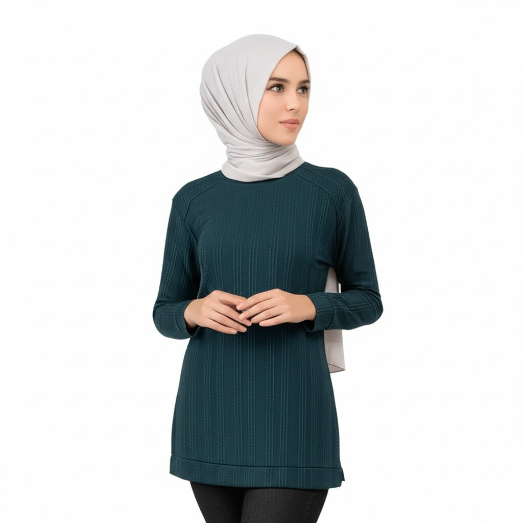 Kadın Kışlık Kazak Pamuklu Burgulu Kumaş Bisiklet Yaka Likralı Kendinden Desenli Rahat