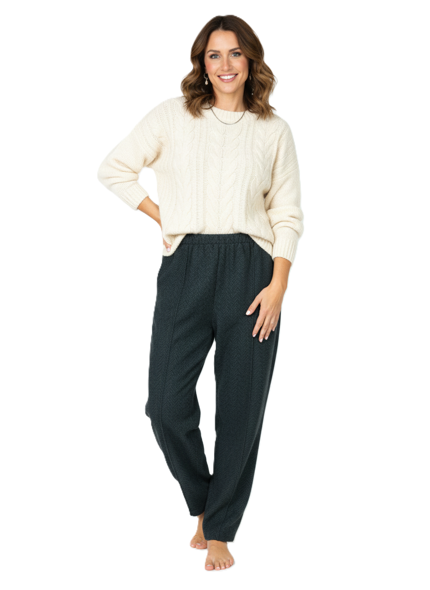 Oppland Kadın Pantolon Kalın Kışlık Cepli Şardonlu Pamuk Dokulu Beli Lastikli Kırçıl Desenli