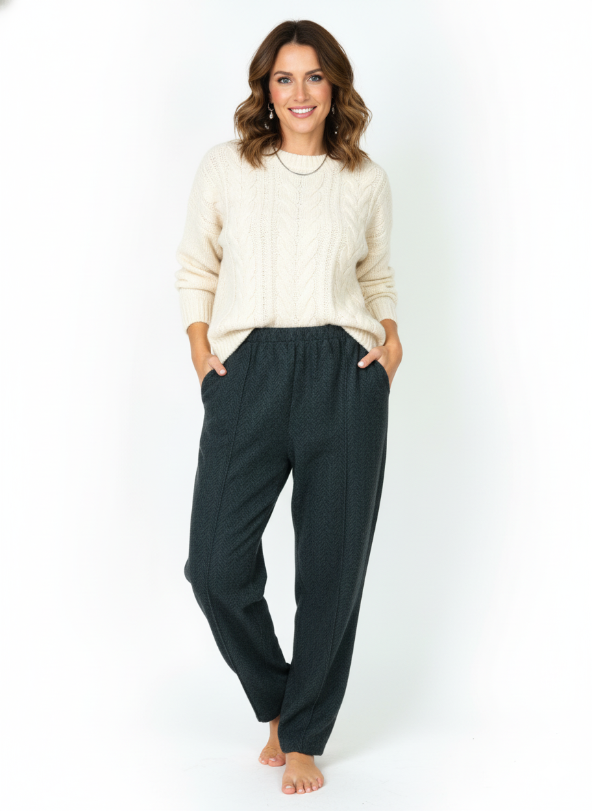 Oppland Kadın Pantolon Kalın Kışlık Cepli Şardonlu Pamuk Dokulu Beli Lastikli Kırçıl Desenli