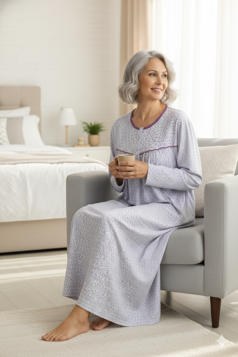 Oppland Kadın Boydan Anne Gecelik Elbise %100 Pamuk Çiçekli Desenli Rahat ve Tam Kalıp