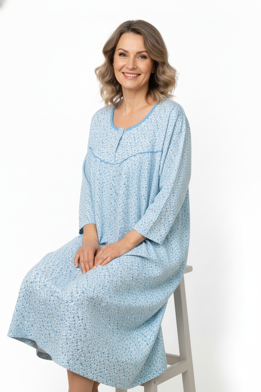 Oppland Kadın Boydan Anne Gecelik Elbise %100 Pamuk Çiçekli Desenli Rahat ve Tam Kalıp