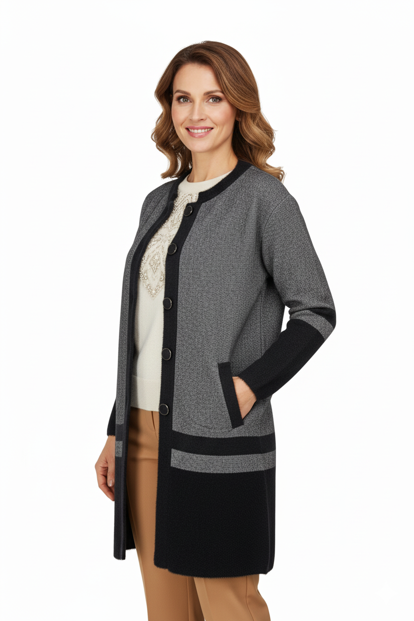 Kadın Kışlık Kalın Angora Yün Örme Anne Uzun Hırka Düğmeli Cepli Tam Kalıp Yuvarlak Yakalı