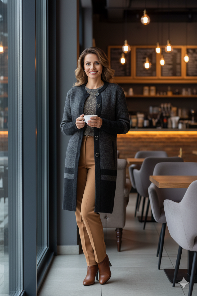 Kadın Kışlık Kalın Angora Yün Örme Anne Uzun Hırka Düğmeli Cepli Tam Kalıp Yuvarlak Yakalı