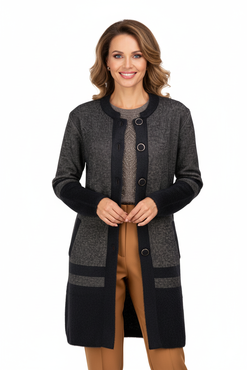 Kadın Kışlık Kalın Angora Yün Örme Anne Uzun Hırka Düğmeli Cepli Tam Kalıp Yuvarlak Yakalı