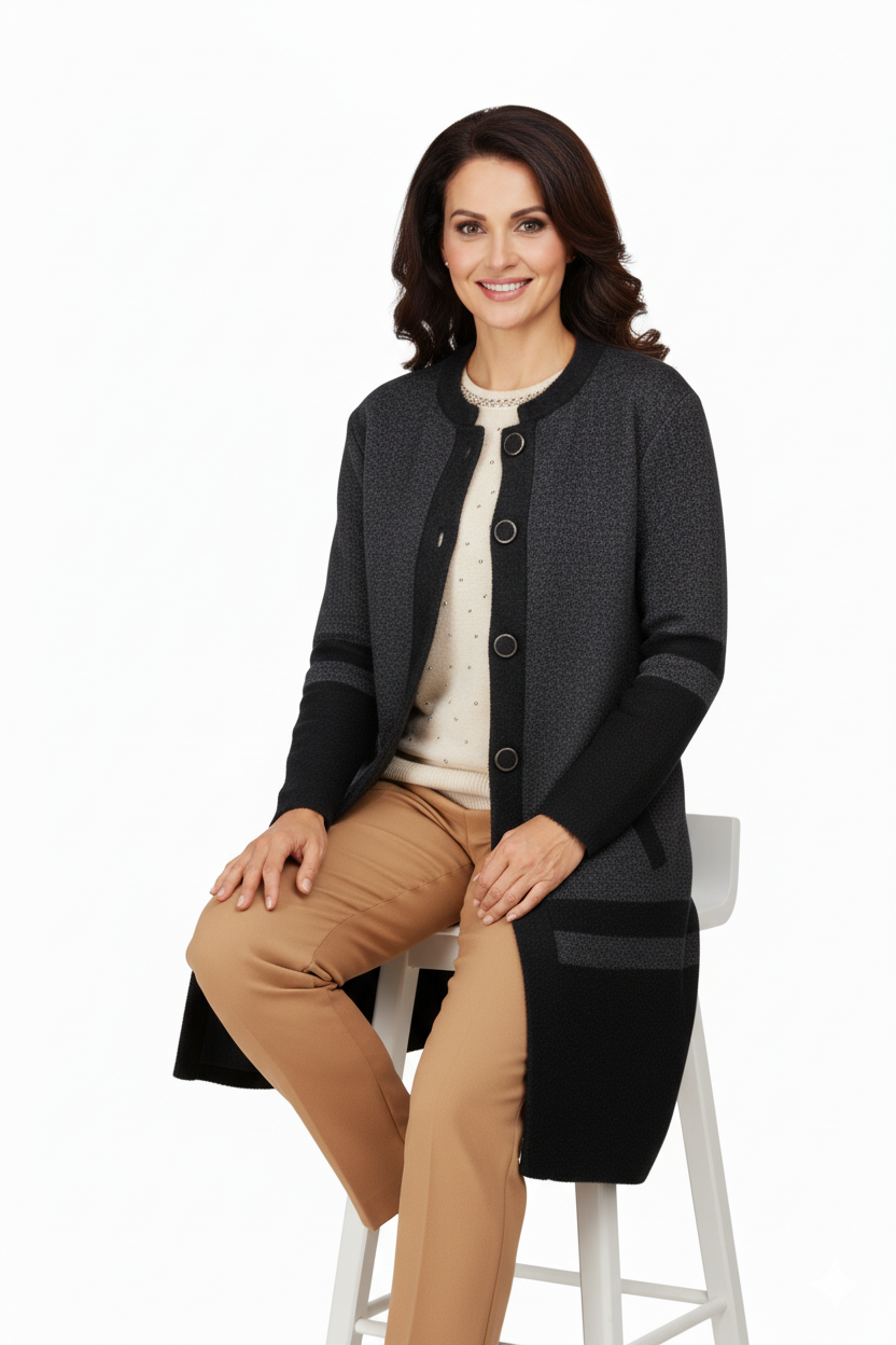 Kadın Kışlık Kalın Angora Yün Örme Anne Uzun Hırka Düğmeli Cepli Tam Kalıp Yuvarlak Yakalı