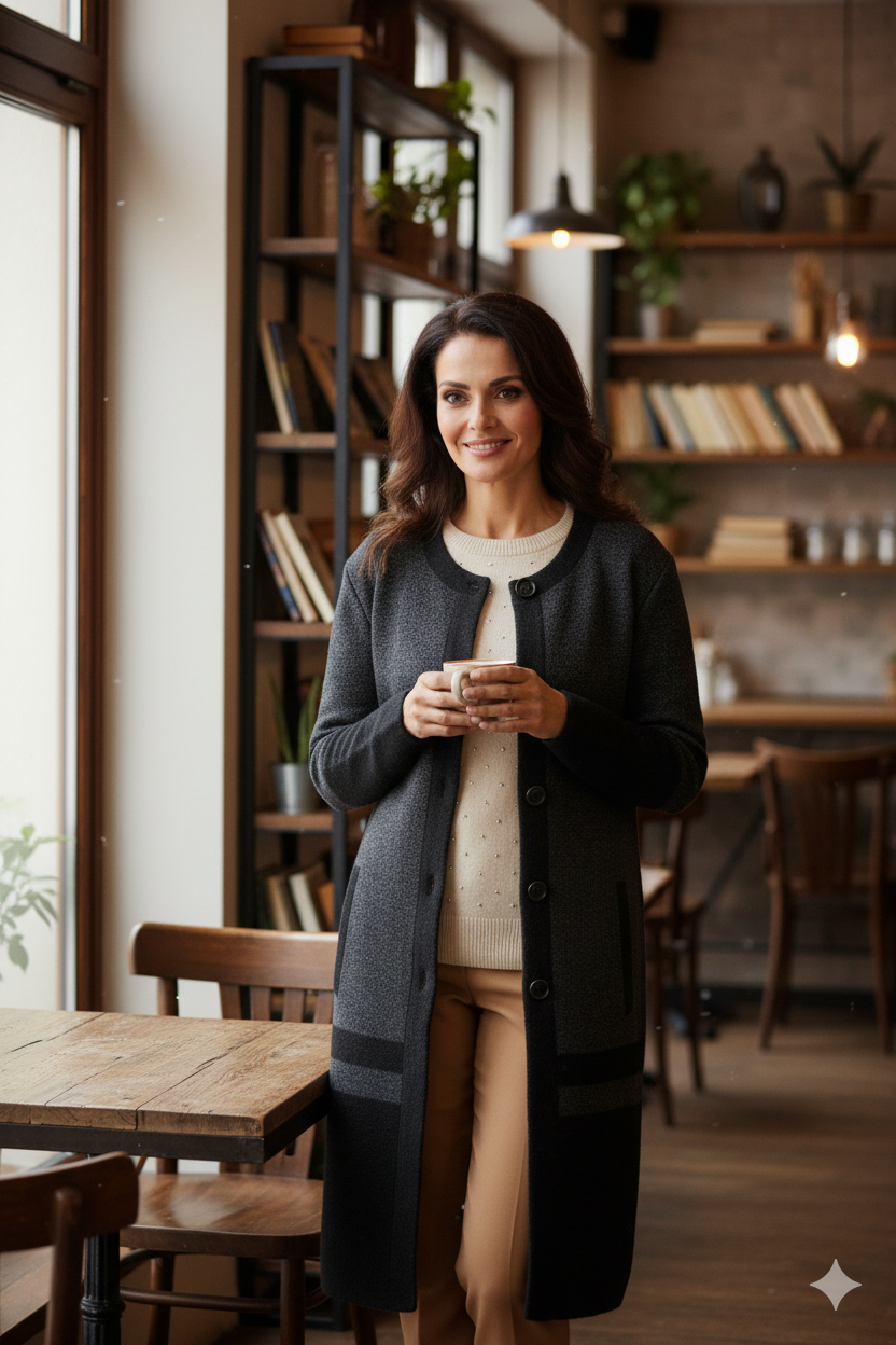 Kadın Kışlık Kalın Angora Yün Örme Anne Uzun Hırka Düğmeli Cepli Tam Kalıp Yuvarlak Yakalı