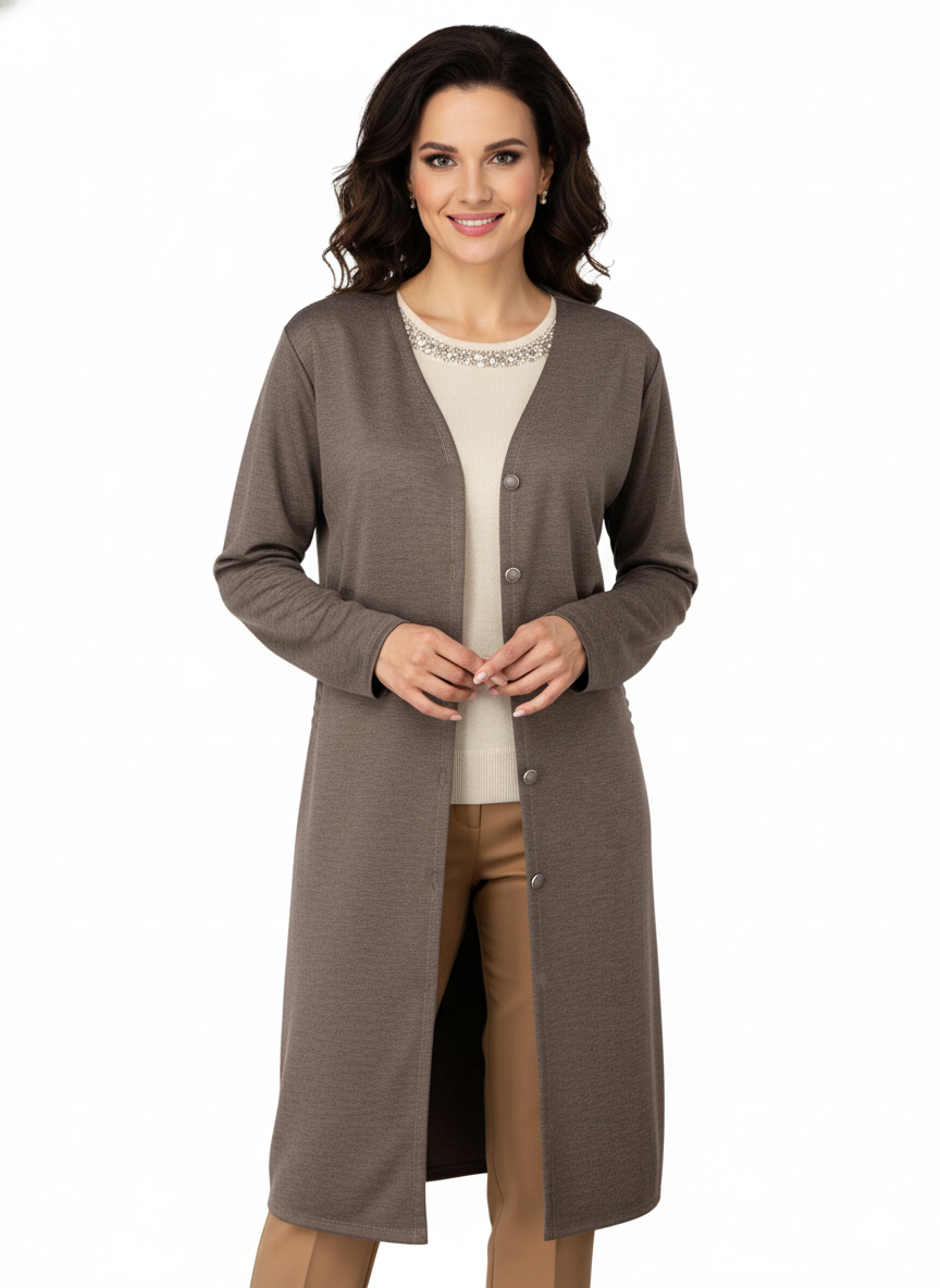 Kadın Kışlık Anne Uzun Hırka Ecrin Örme Önü Düğmeli Çift Cepli Likralı V Yaka Deniz Model