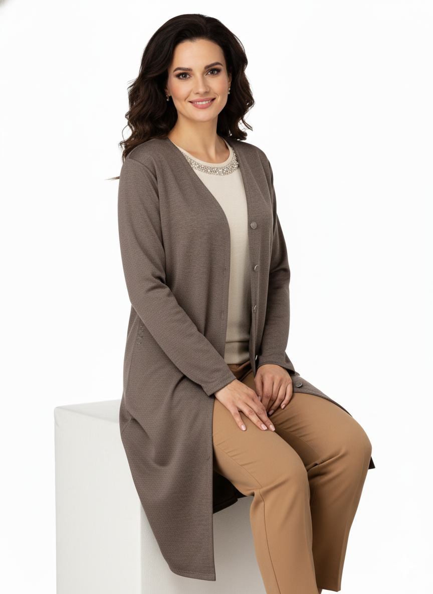 Kadın Kışlık Anne Uzun Hırka Ecrin Örme Önü Düğmeli Çift Cepli Likralı V Yaka Deniz Model