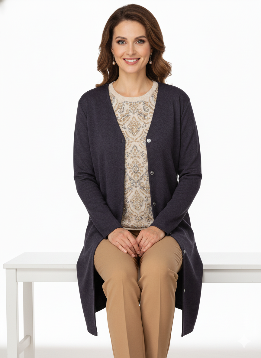 Kadın Kışlık Anne Uzun Hırka Ecrin Örme Önü Düğmeli Çift Cepli Likralı V Yaka Deniz Model