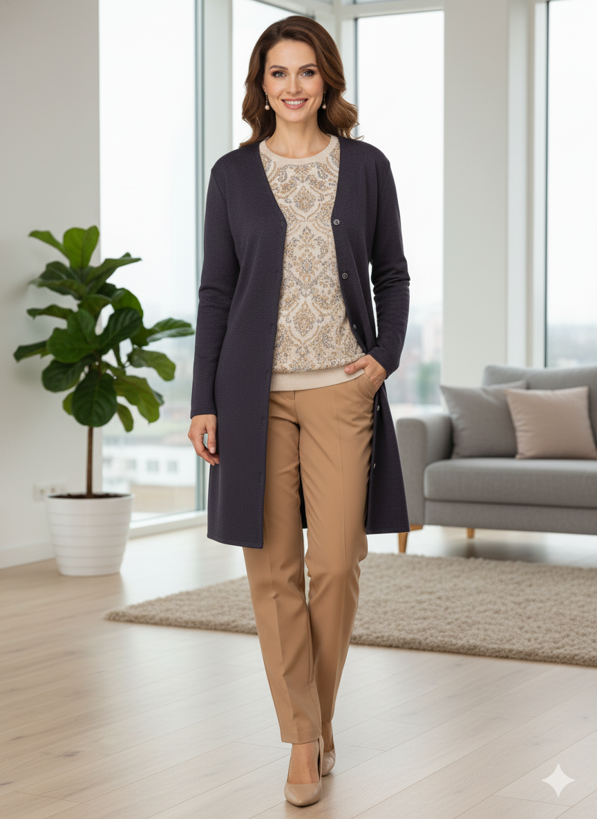 Kadın Kışlık Anne Uzun Hırka Ecrin Örme Önü Düğmeli Çift Cepli Likralı V Yaka Deniz Model