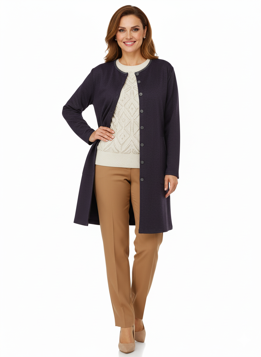 Kadın Kışlık Anne Uzun Hırka Ecrin Örme Önü Düğmeli Cepli Likralı Bisiklet Yaka Göl Model