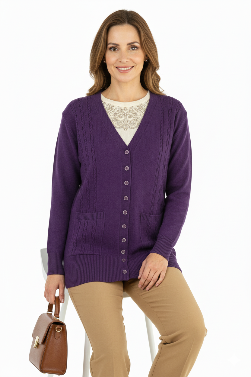 Kadın Kışlık Örgü Desenli Düğmeli Çift Cepli Uzun Kollu Likralı Kardelen Dokuma Anne Hırka