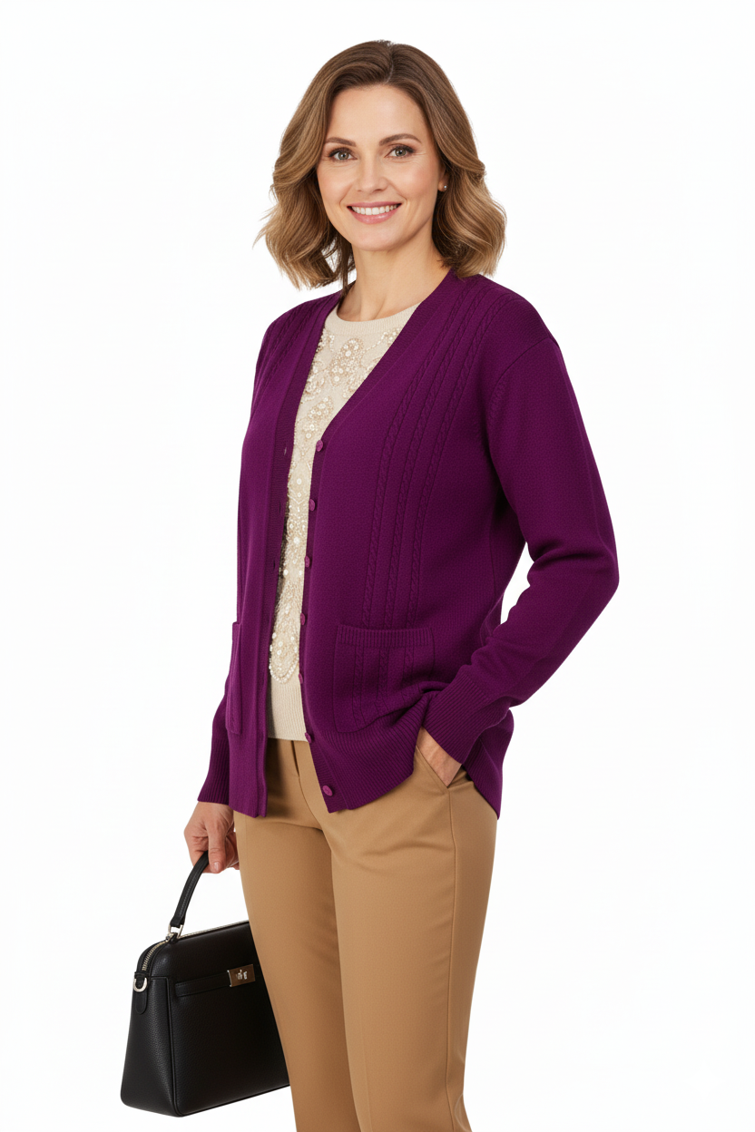 Kadın Kışlık Örgü Desenli Düğmeli Çift Cepli Uzun Kollu Likralı Kardelen Dokuma Anne Hırka