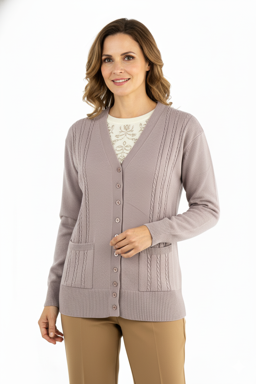 Kadın Kışlık Örgü Desenli Düğmeli Çift Cepli Uzun Kollu Likralı Kardelen Dokuma Anne Hırka