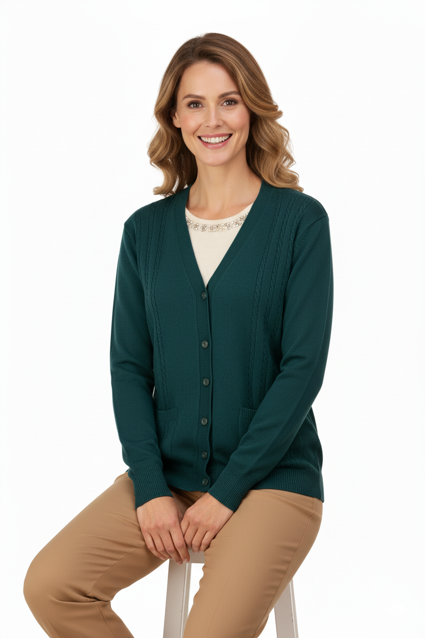 Kadın Kışlık Örgü Desenli Düğmeli Çift Cepli Uzun Kollu Likralı Kardelen Dokuma Anne Hırka