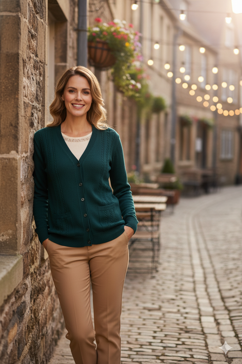 Kadın Kışlık Örgü Desenli Düğmeli Çift Cepli Uzun Kollu Likralı Kardelen Dokuma Anne Hırka