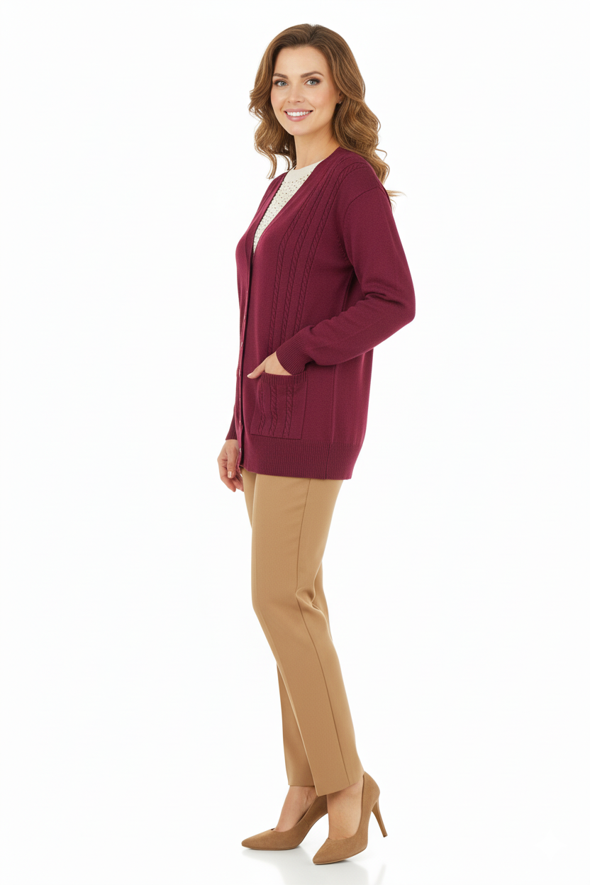 Kadın Kışlık Örgü Desenli Düğmeli Çift Cepli Uzun Kollu Likralı Kardelen Dokuma Anne Hırka