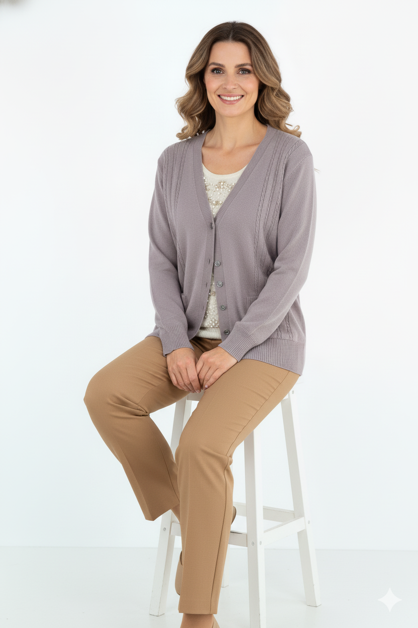 Kadın Kışlık Örgü Desenli Düğmeli Çift Cepli Uzun Kollu Likralı Kardelen Dokuma Anne Hırka