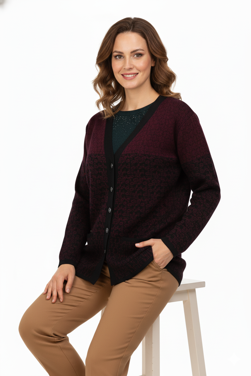 Kadın Kışlık Motifli Çift Cepli Önü Düğmeli Normal Kesim Yünlü Dokuma Kumaş Anne Hırka