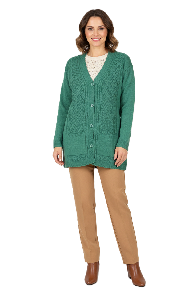 Oppland Kadın Kışlık Triko Hırka Çift Cepli Esnek Önü Düğmeli Klasik Örgü Doku Motifli