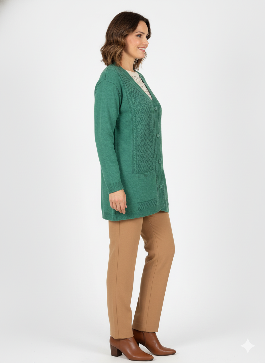 Oppland Kadın Kışlık Triko Hırka Çift Cepli Esnek Önü Düğmeli Klasik Örgü Doku Motifli