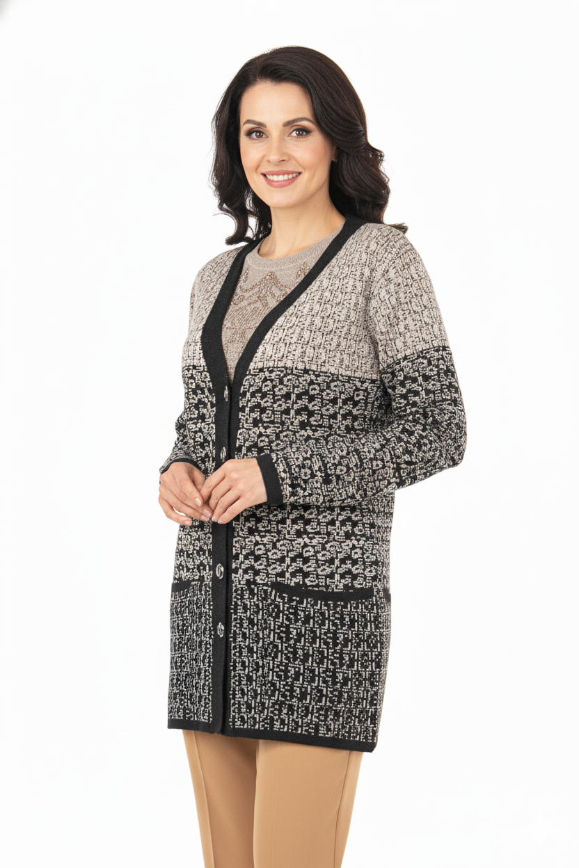 Kadın Bej Kışlık Motifli Çift Cepli Önü Düğmeli Normal Kesim Likralı Yünlü Kumaş Anne Hırka