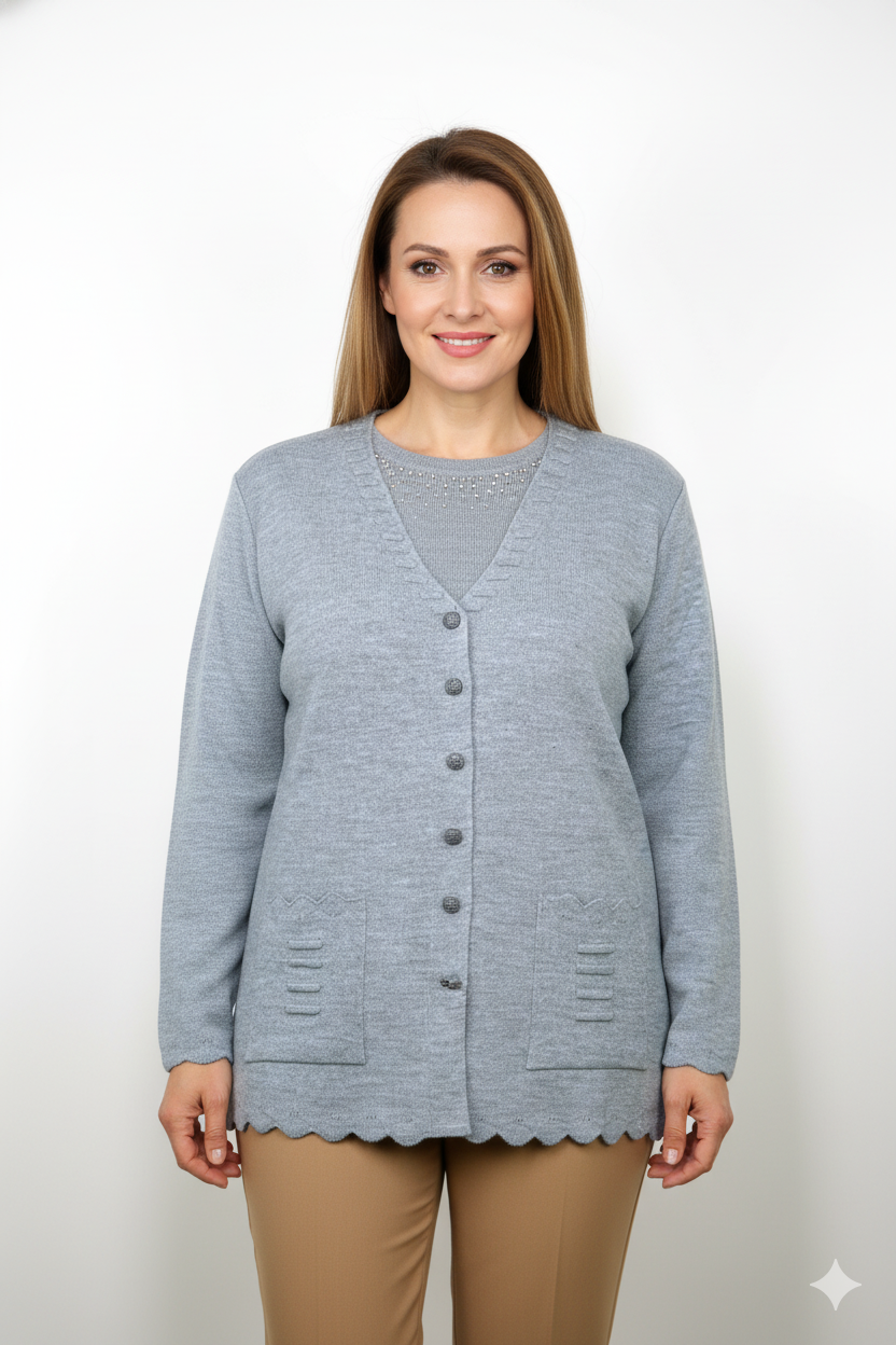 Oppland Kadın Anne Hırka Premium Pamuklu Doku Çift Cepli Önü Düğmeli Şık ve Zarif Dalga Motifli