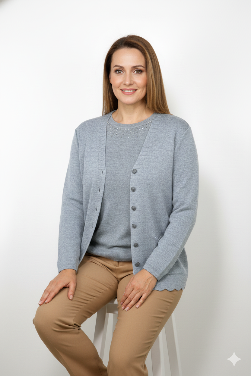 Oppland Kadın Anne Hırka Premium Pamuklu Doku Çift Cepli Önü Düğmeli Şık ve Zarif Dalga Motifli