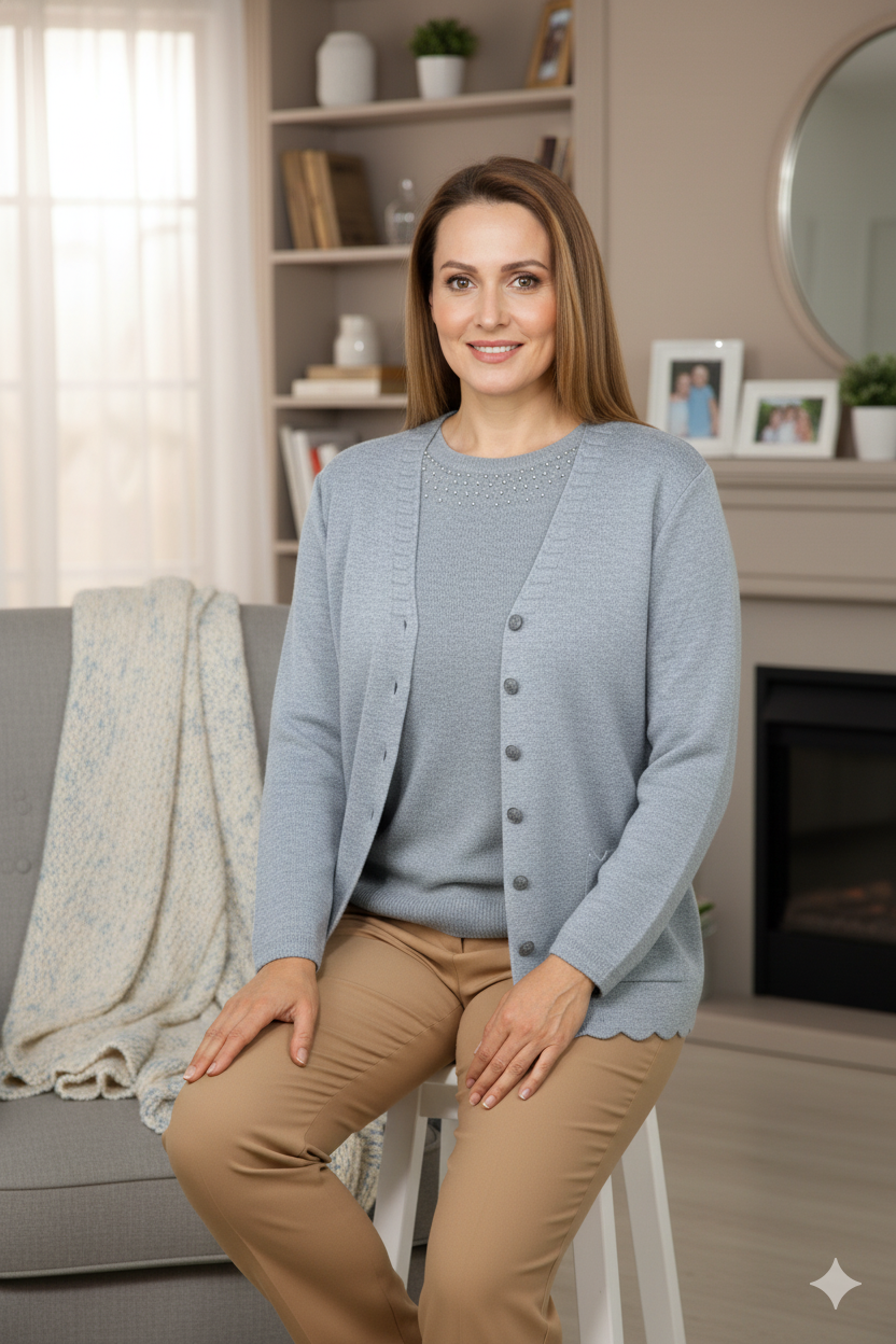 Oppland Kadın Anne Hırka Premium Pamuklu Doku Çift Cepli Önü Düğmeli Şık ve Zarif Dalga Motifli