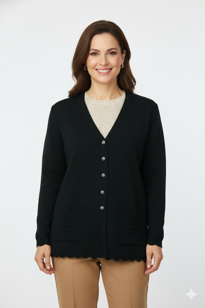 Oppland Kadın Anne Hırka Premium Pamuklu Doku Çift Cepli Önü Düğmeli Şık ve Zarif Dalga Motifli