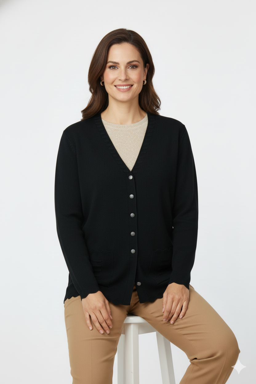 Oppland Kadın Anne Hırka Premium Pamuklu Doku Çift Cepli Önü Düğmeli Şık ve Zarif Dalga Motifli