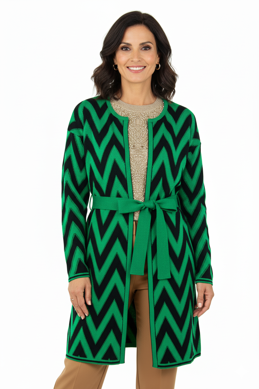 Kadın Kışlık Kapamasız Şık Motifli Beli Kuşaklı Rahat Kesim Likralı Triko Dokuma Anne Hırka