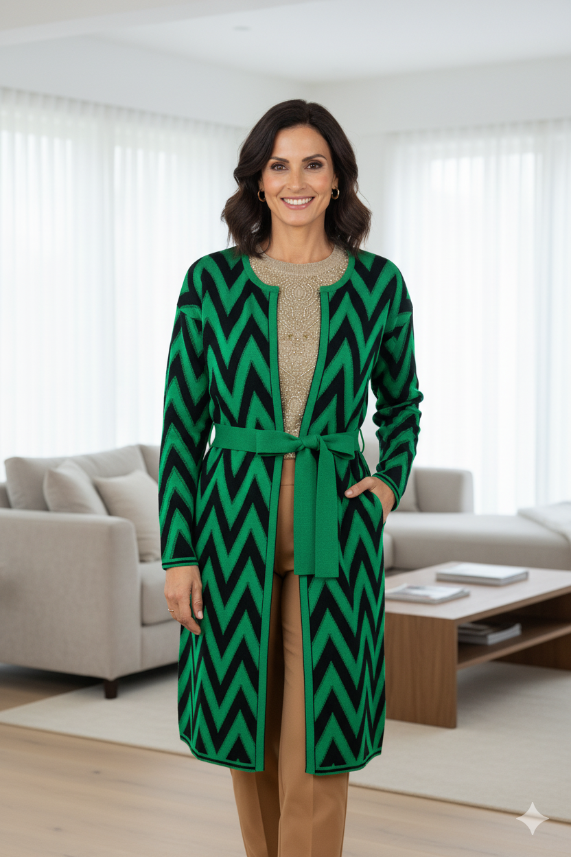 Kadın Kışlık Kapamasız Şık Motifli Beli Kuşaklı Rahat Kesim Likralı Triko Dokuma Anne Hırka