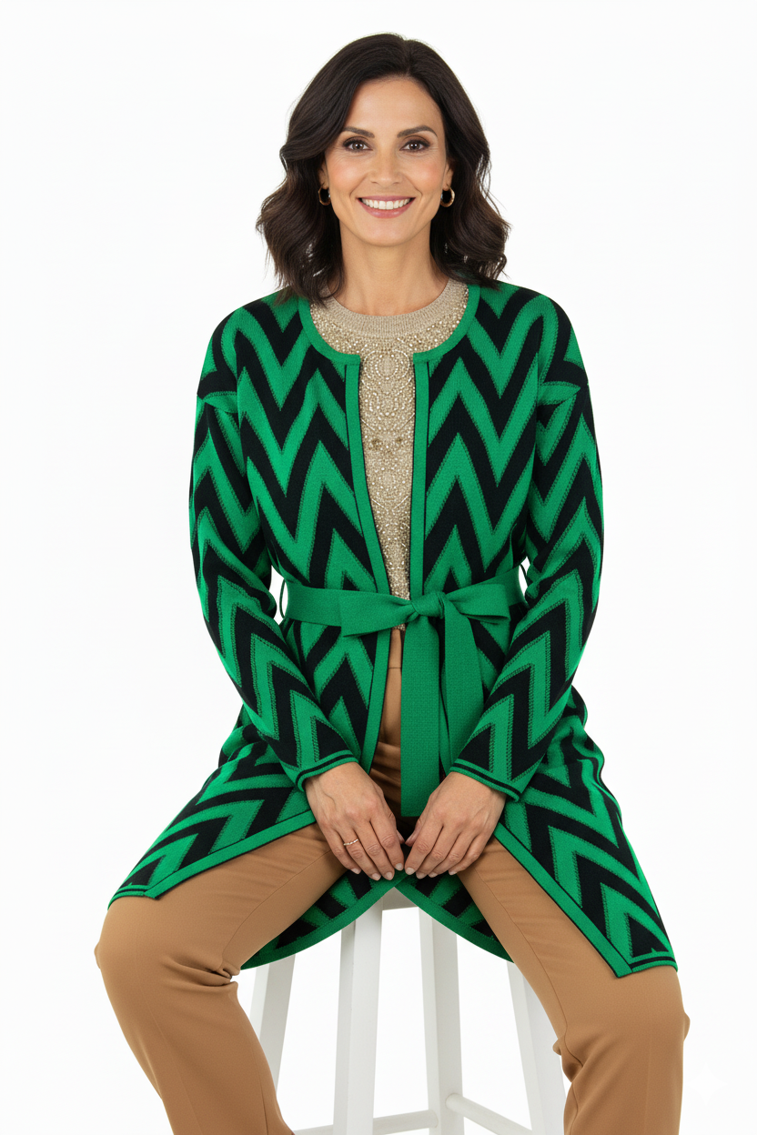 Kadın Kışlık Kapamasız Şık Motifli Beli Kuşaklı Rahat Kesim Likralı Triko Dokuma Anne Hırka