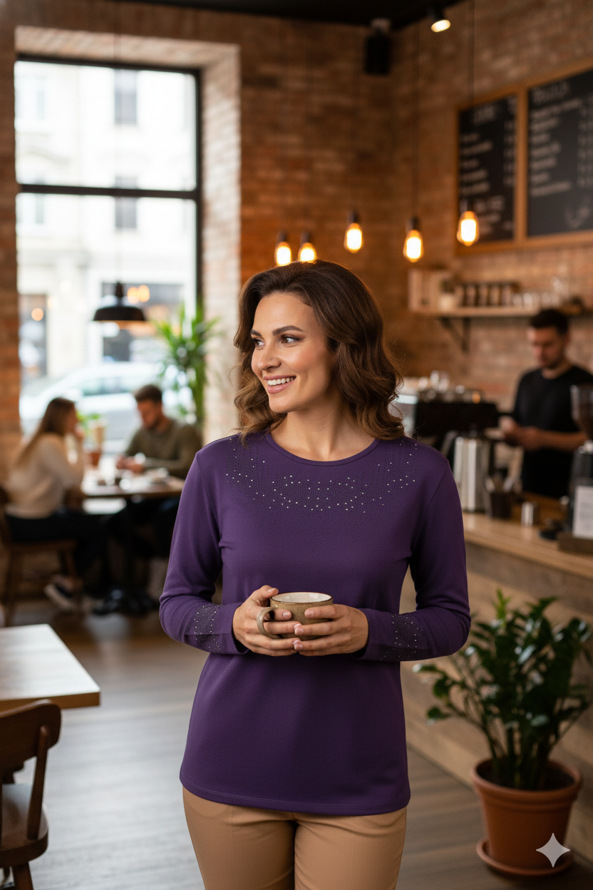 Kadın Damla Taşlı Ve Desenli Uzun Kollu Yuvarlak Yaka Likralı Nergiz Kumaş Anne Ince Kazak
