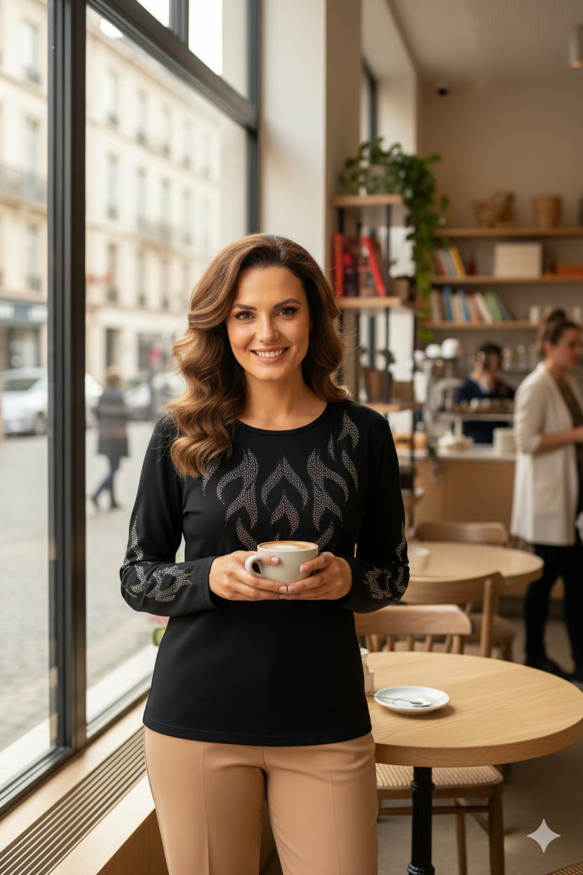 Kadın Taşlı Dal Desenli Uzun Kollu Yuvarlak Yaka Likralı Nergiz Kumaş Anne Ince Kazak