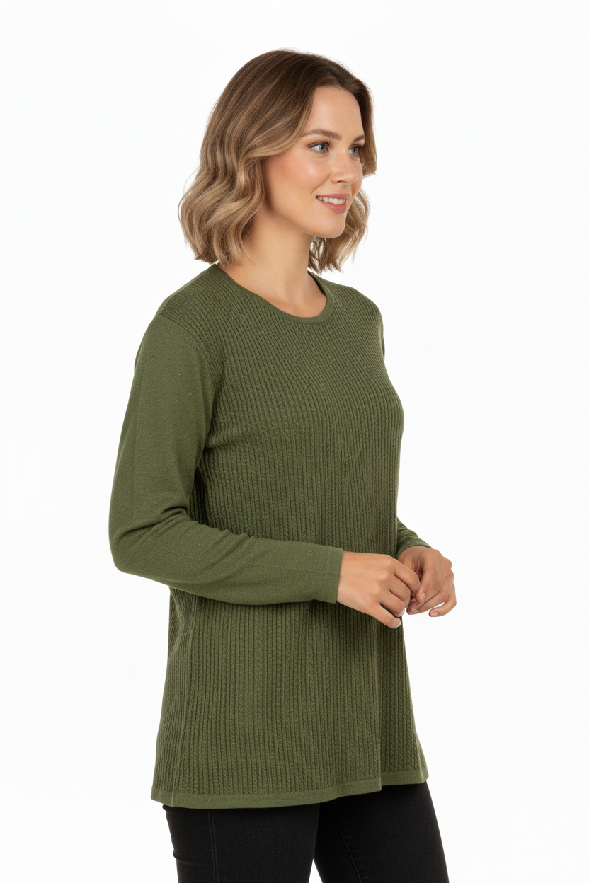 Kadın Kışlık Pamuklu Örme İnce Triko Anne Kazak yuvarlak Yaka Desenli Uzun Kol Tam Kalıp