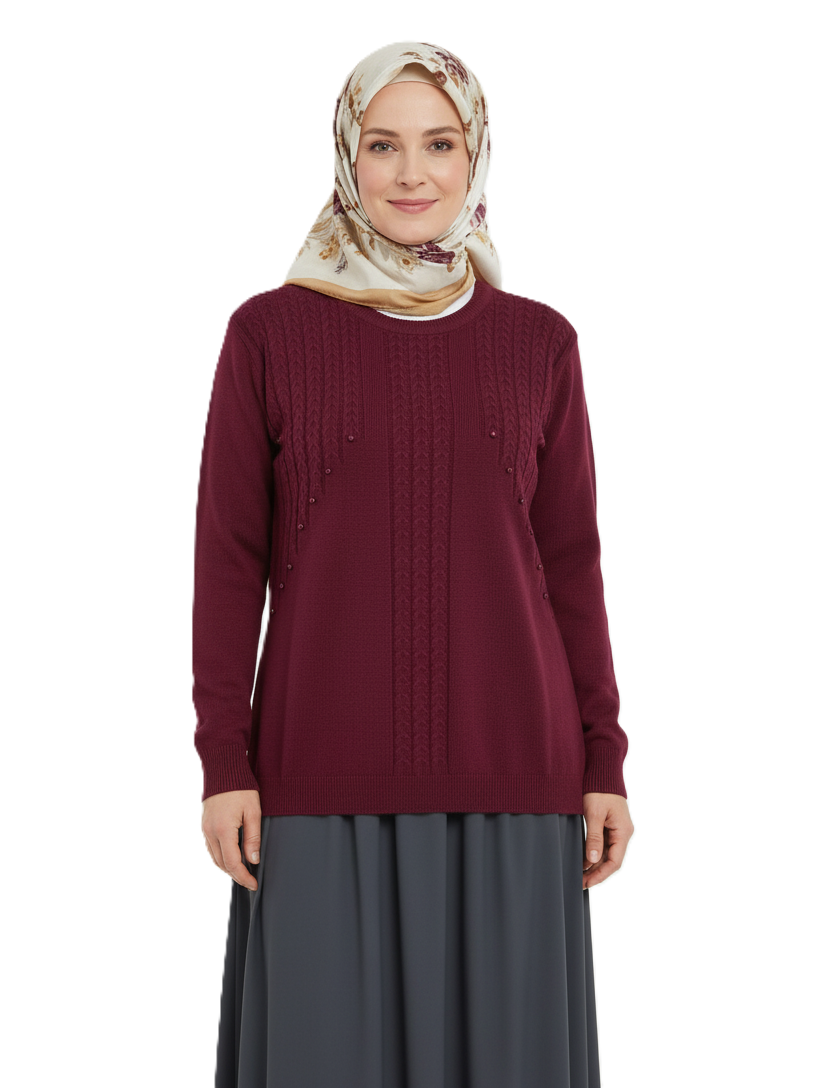 Oppland Kadın Kışlık Triko Kazak Bisiklet Yaka Boncuk Detaylı Motifli Rahat Tam Kalıp