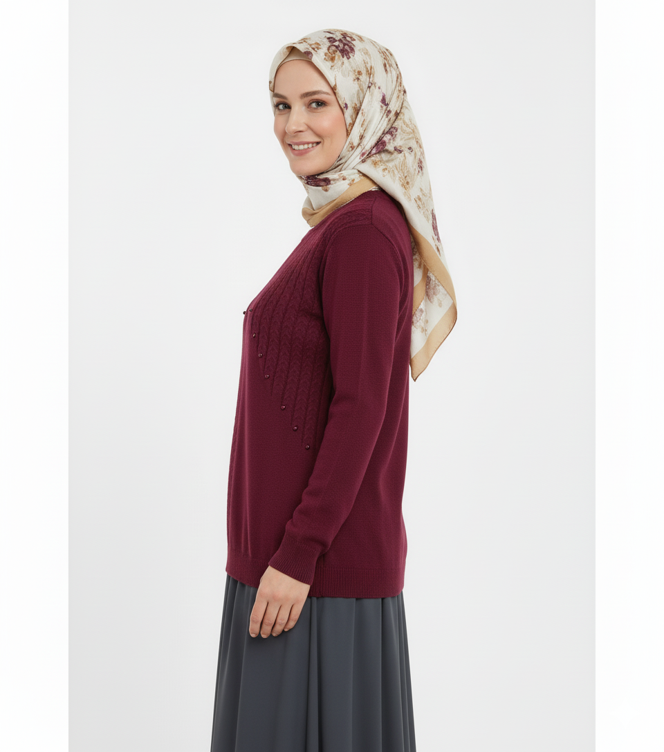 Oppland Kadın Kışlık Triko Kazak Bisiklet Yaka Boncuk Detaylı Motifli Rahat Tam Kalıp