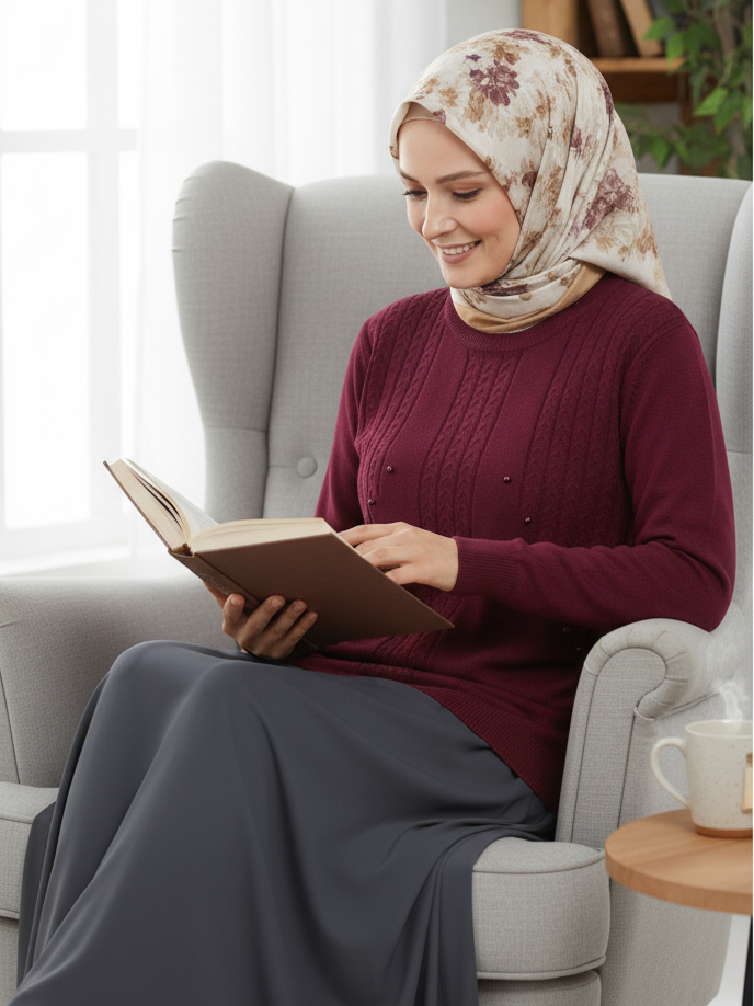 Oppland Kadın Kışlık Triko Kazak Bisiklet Yaka Boncuk Detaylı Motifli Rahat Tam Kalıp