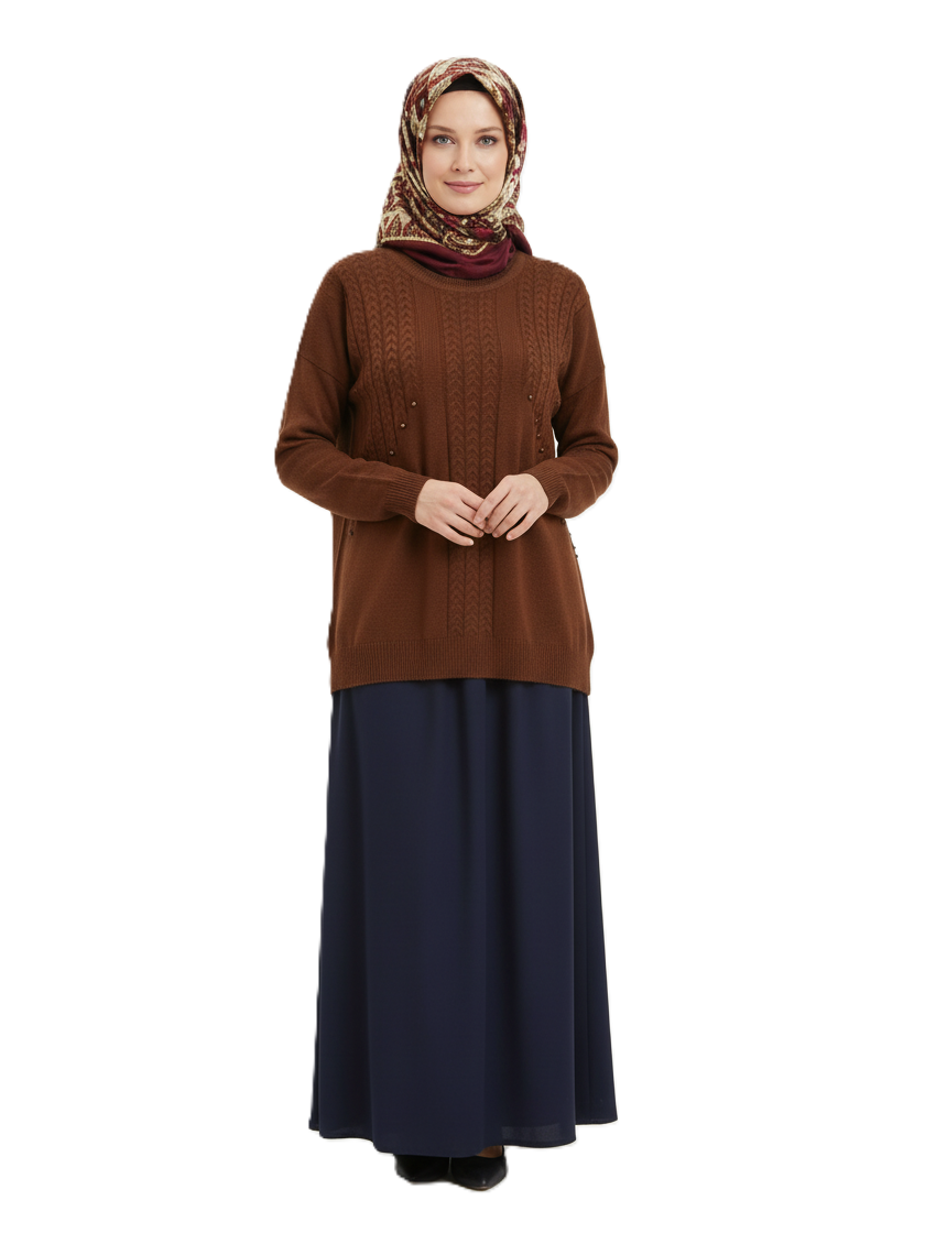 Oppland Kadın Kışlık Triko Kazak Bisiklet Yaka Boncuk Detaylı Motifli Rahat Tam Kalıp