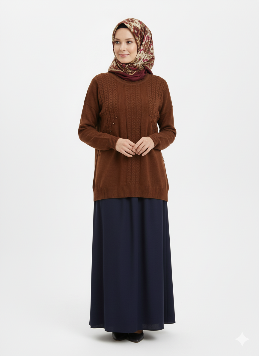 Oppland Kadın Kışlık Triko Kazak Bisiklet Yaka Boncuk Detaylı Motifli Rahat Tam Kalıp