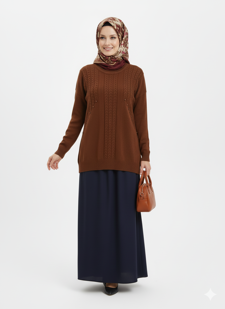 Oppland Kadın Kışlık Triko Kazak Bisiklet Yaka Boncuk Detaylı Motifli Rahat Tam Kalıp